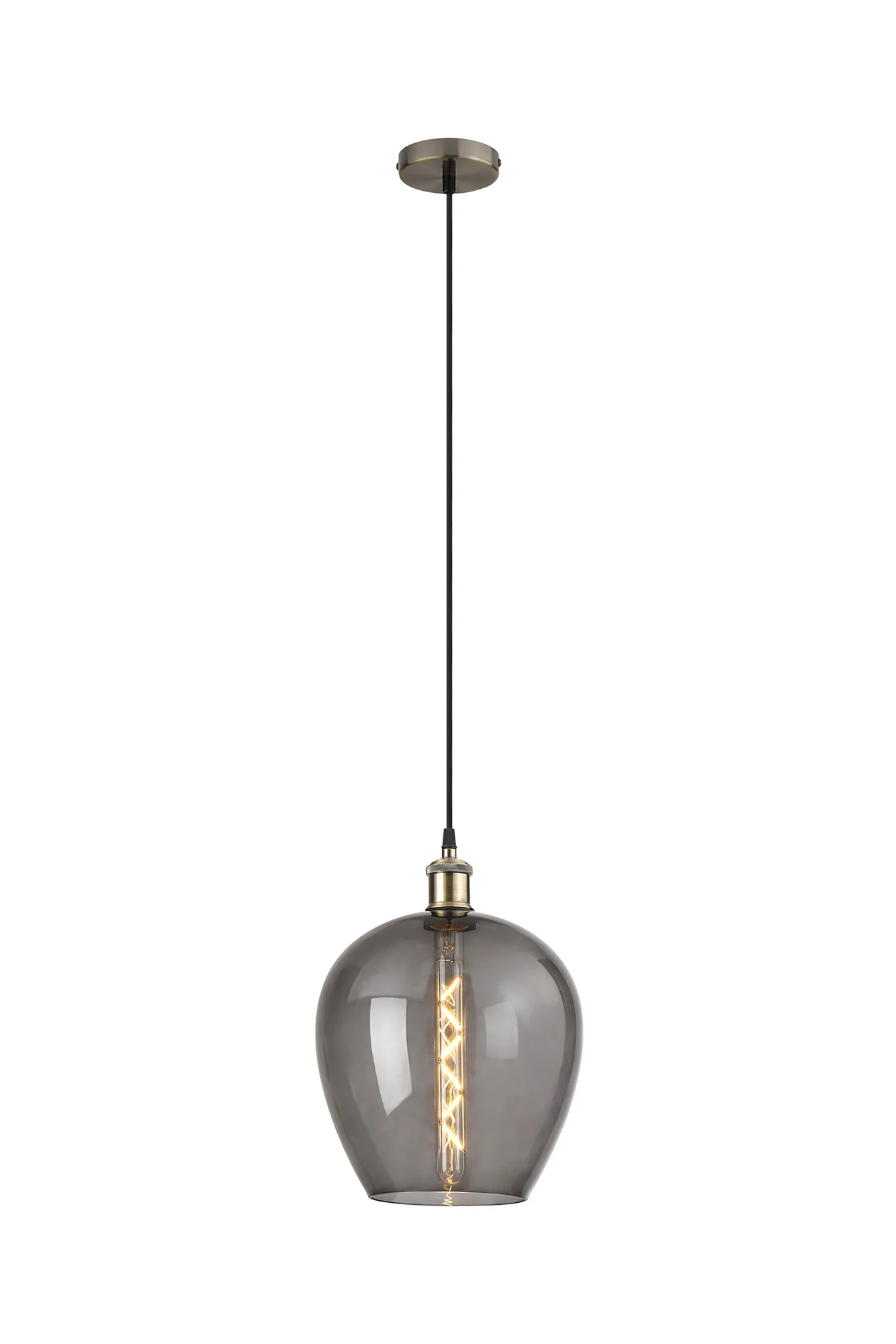 Cawdor Single Pendant, 1 Light E27, Antique Brass/Black/Smoke Wine Glass DK1107  Deco Cawdor